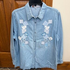 Vintage Denim Button Down Shirt with Heart & Patch Details cottagecore